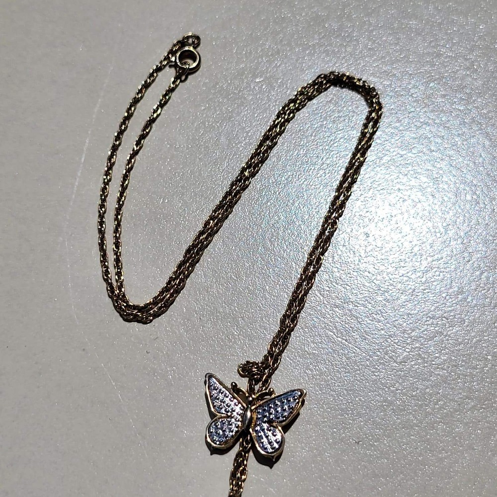 Vintage Avon Gold Tone Butterfly Lariat Necklace Blue White Adjustable Slide - Picture 6 of 10